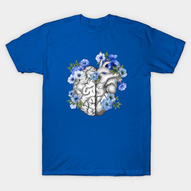 Right balance between head or brain and heart, Half heart and brain, blue anemones flowers anemoneus T-Shirt by Collagedream